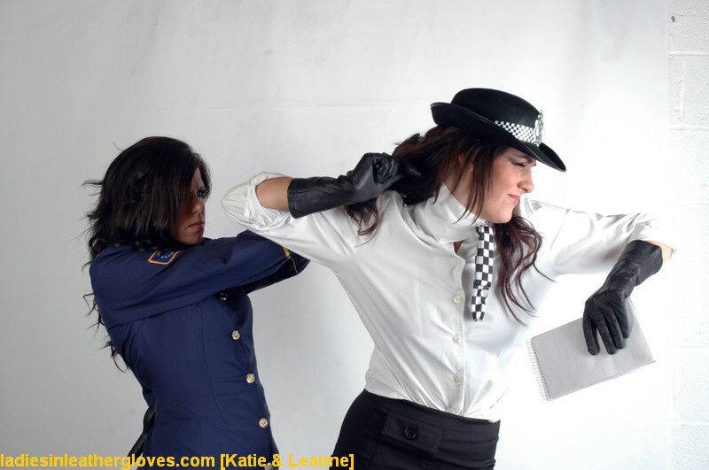 Hot brunette chicks in police and stewardess uniforms catfighting - #9