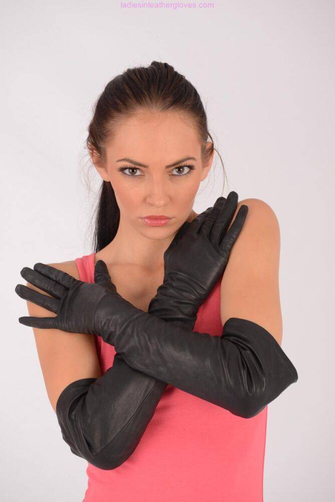 Solo model Cath sports long leather gloves while modelling in a dress - #6