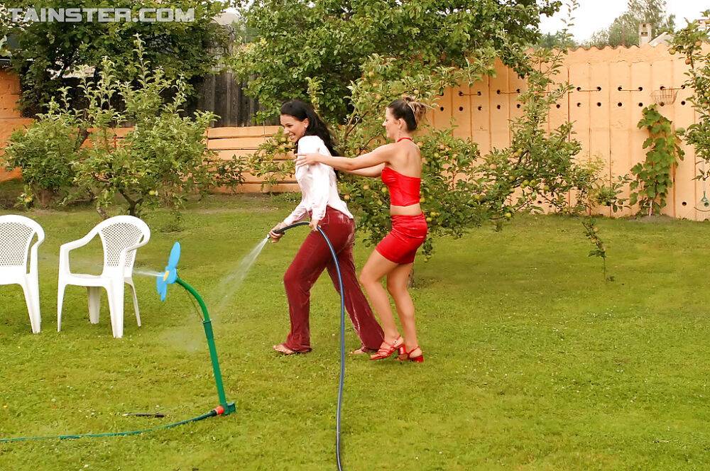 Lustful european fetish ladies have some wet clothed fun outdoor - #3