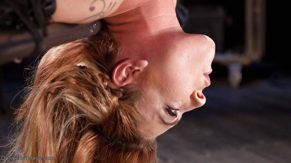 Tattooed model Dahlia Sky hung upside down with head in bondage box - #2