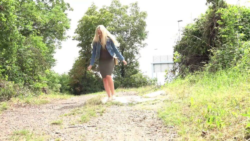 Hot blonde MILF Katy Sky pulls down her panties to take a hot pee on the trail - #3