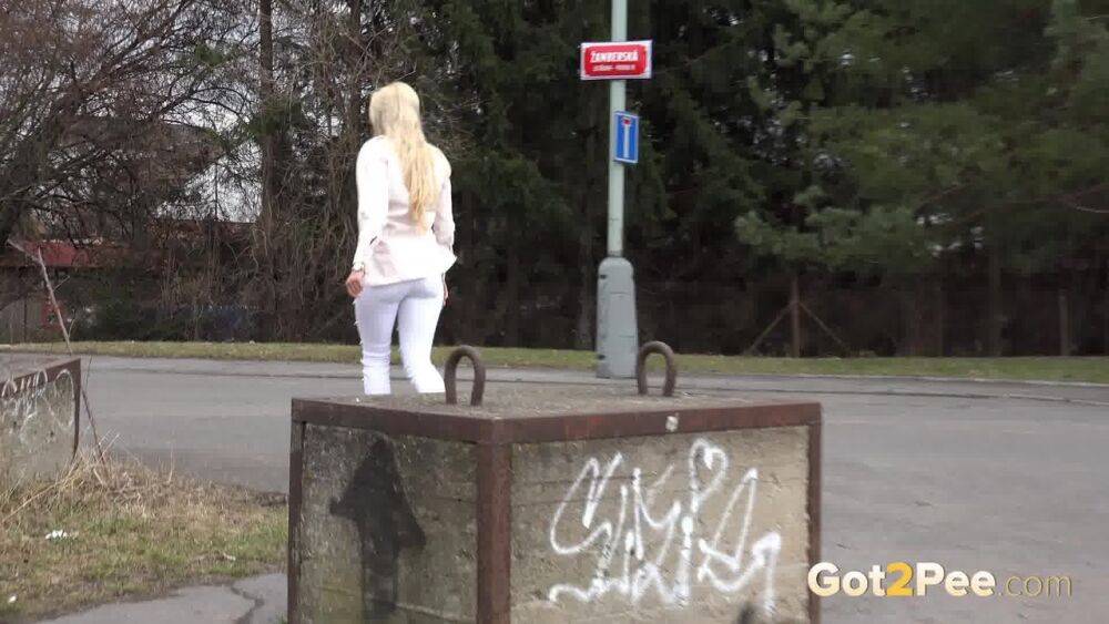 Blonde Katy Sky leaves a puddle of pee outside - #9