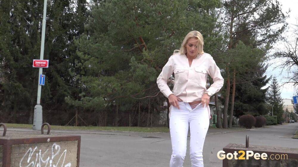 Blonde Katy Sky leaves a puddle of pee outside - #7