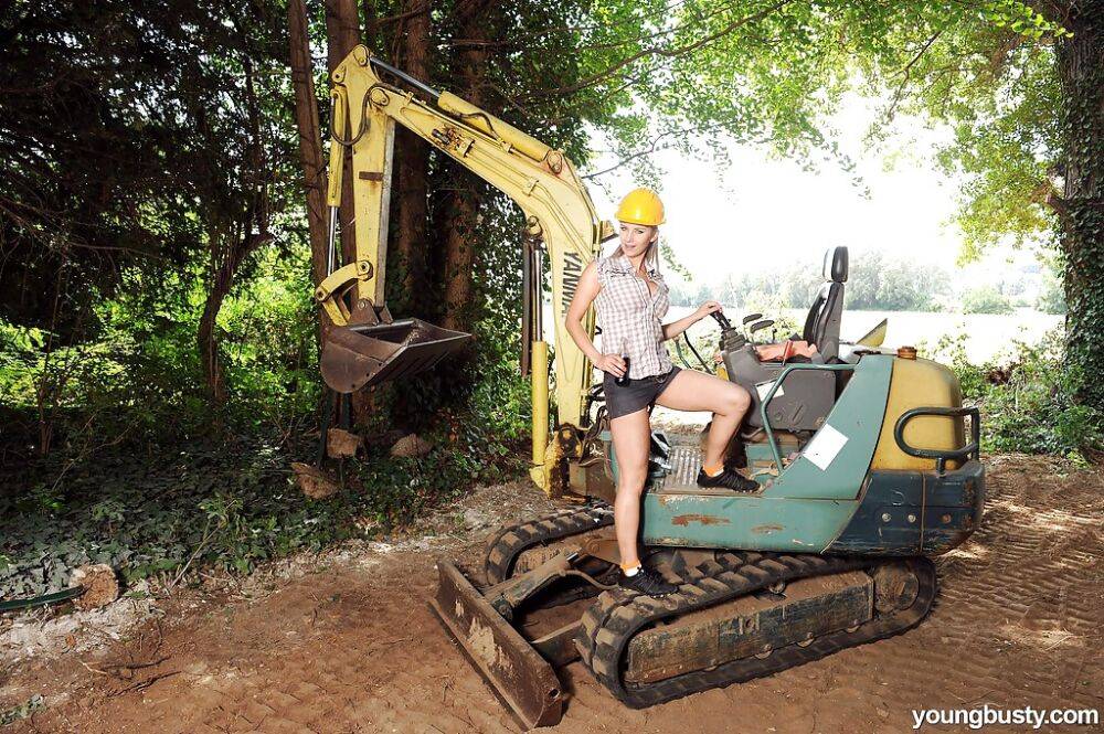 Blonde construction worker Kathy exposing perfect big tits outdoors - #8