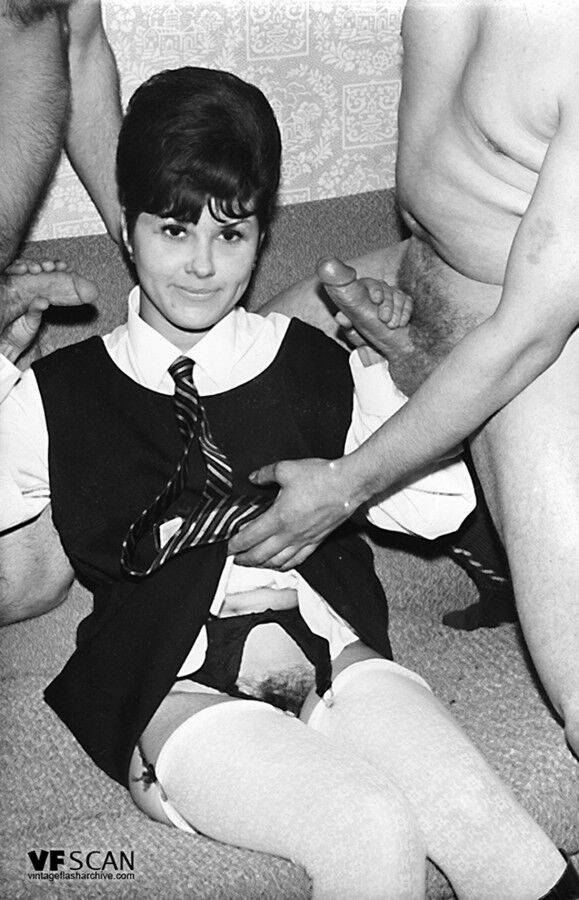 Small titted vintage schoolgirl removes her uniform for a big cock threesome - #3