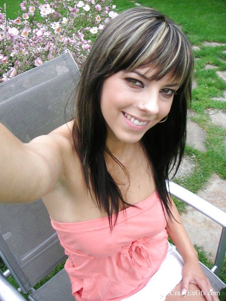 Cute brunette girl with big tits undressing outdoor and posing - #11