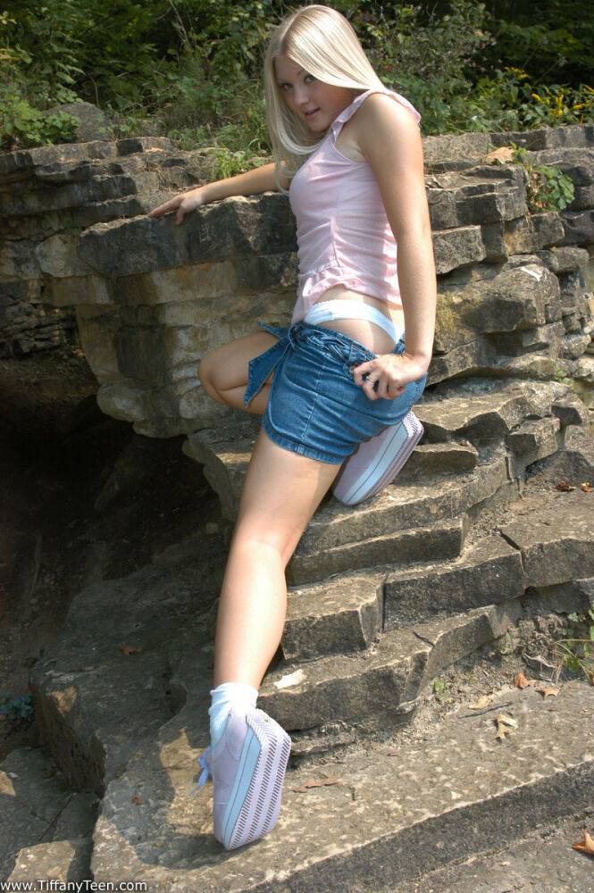 Charming blonde teen Tiffany hikes skirt over cotton panties in the forest - #9