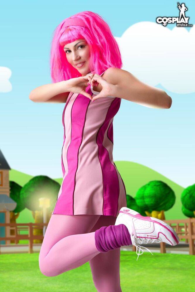 Adorable girl with pink hair Lazy Town exposes her nice body on a lawn - #7