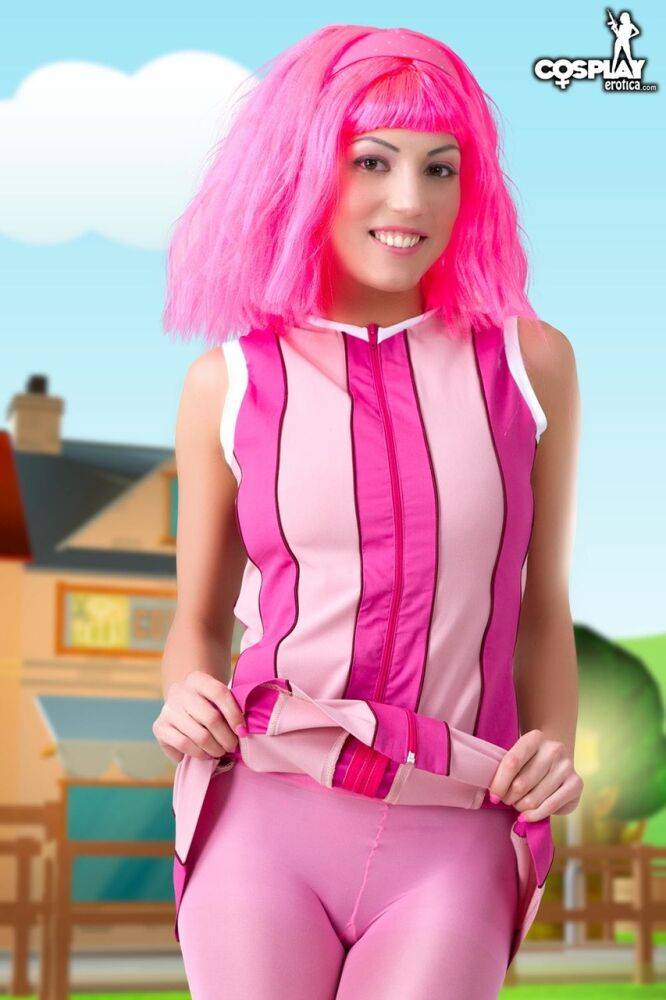 Adorable girl with pink hair Lazy Town exposes her nice body on a lawn - #4