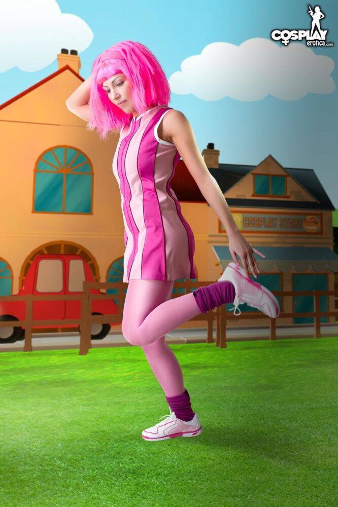 Adorable girl with pink hair Lazy Town exposes her nice body on a lawn - #2