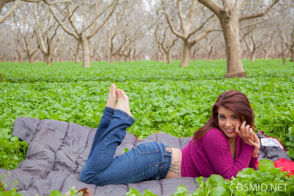 Aubrey Chase takes her purple sweater off and shows her big boobs in the park - #6