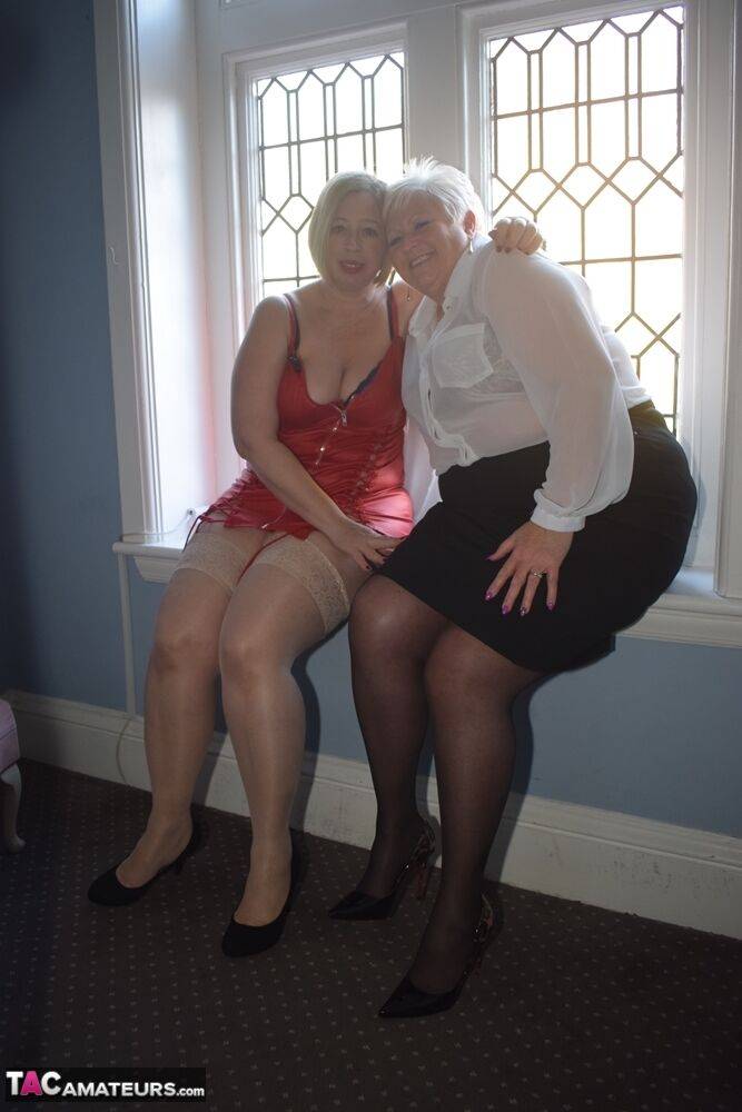 Overweight older lesbians disrobe to nylons before toying their pussies - #1