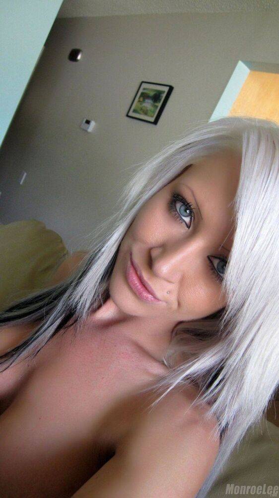 White haired slut Monroe Lee takes a selfie of her big tits and naked twat - #8