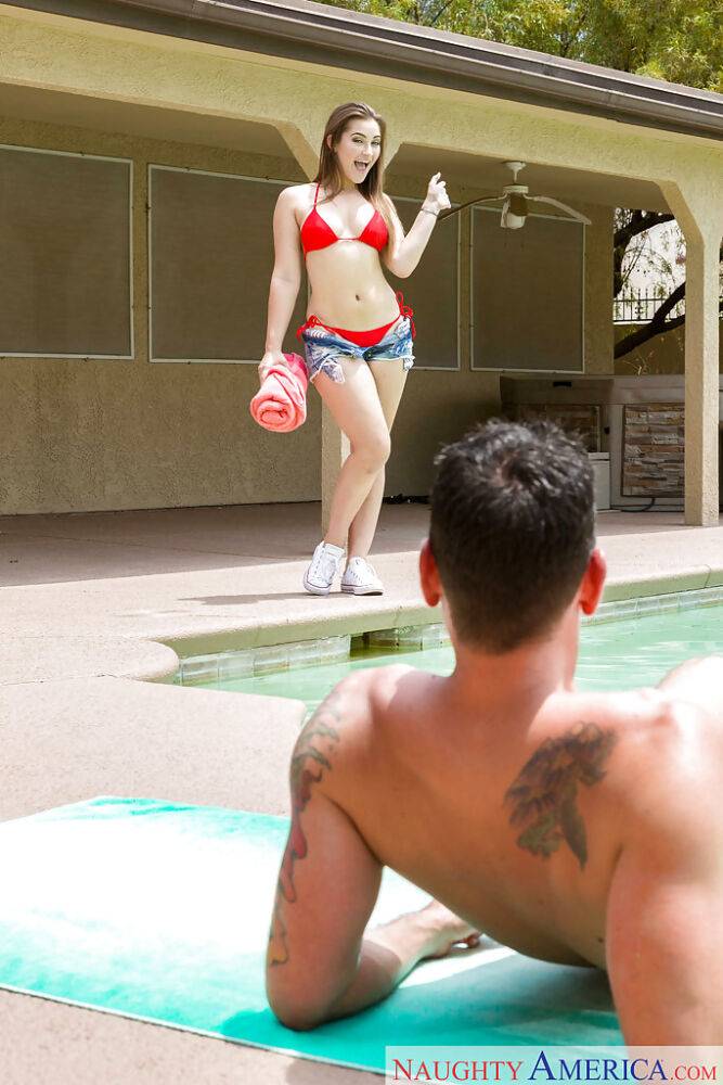 Bikini clad wife Dani Daniels exposing big tits before jerking cock in pool - #2