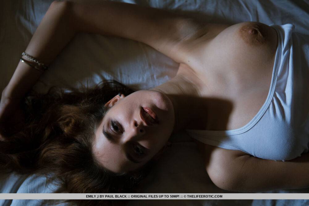 Erotic teen with blue eyes and big puffy nipples posing naked in the shadows - #3