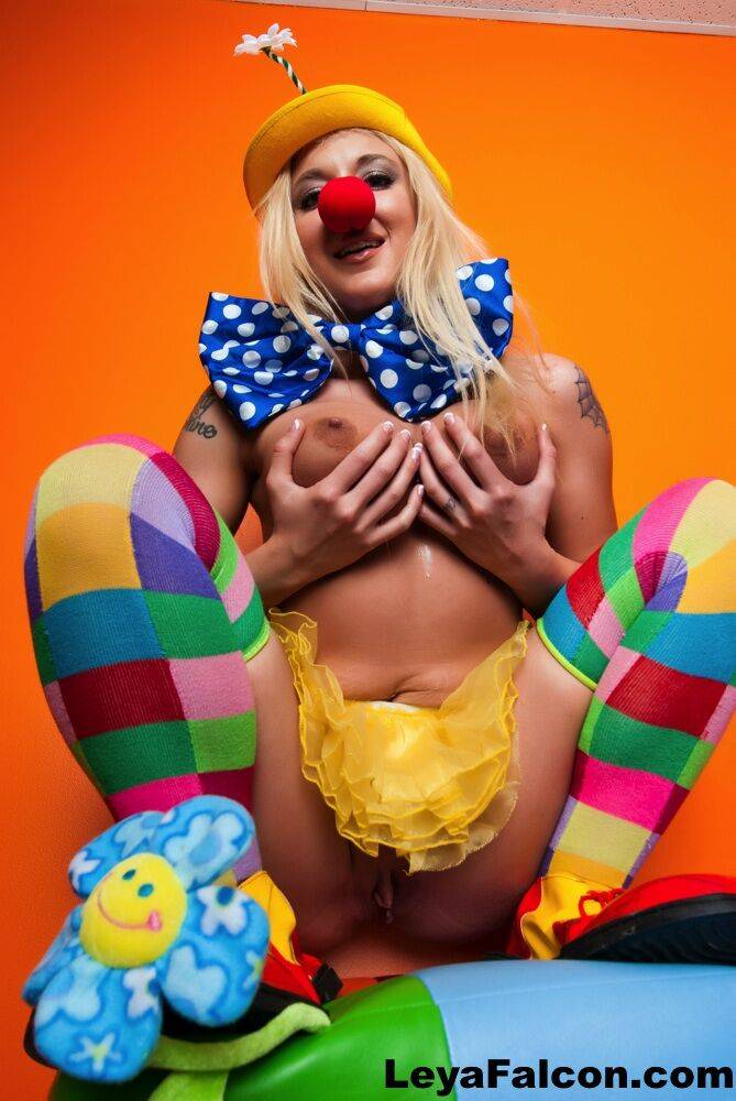 Hot cosplay MILF Leya Falcon in clown costume fondling her huge big tits - #14