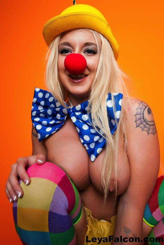 Hot cosplay MILF Leya Falcon in clown costume fondling her huge big tits - #1