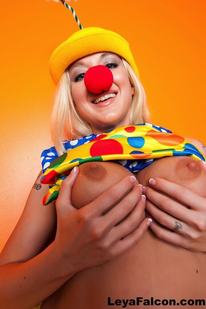 Hot cosplay MILF Leya Falcon in clown costume fondling her huge big tits - #3