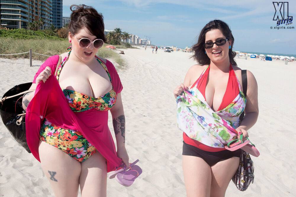 Mature BBW besties take out their massive big tits to play at the beach - #6