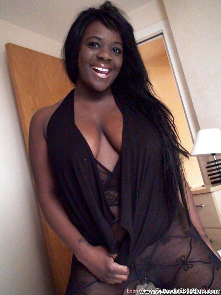 Amateur ebony BBW Eden Adore showing off piercings in bodystocking - #16