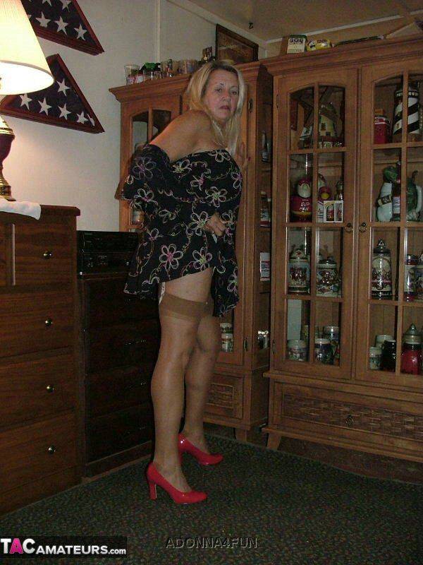 Fat grandmother with blonde hair exposes herself in tan nylons and garters - #3