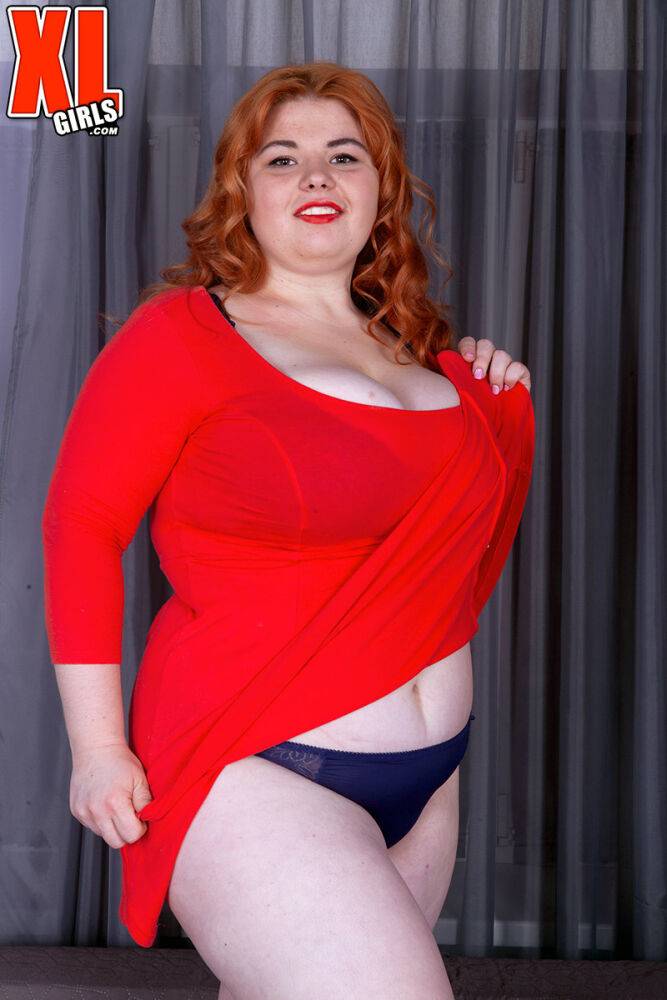Fat redhead Loida holds her huge boobs after removing red dress and lingerie - #5