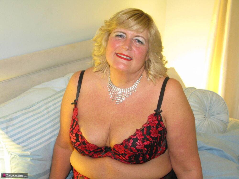 Mature BBW Chrissy Uk slides sheer panties aside after going topless - #3