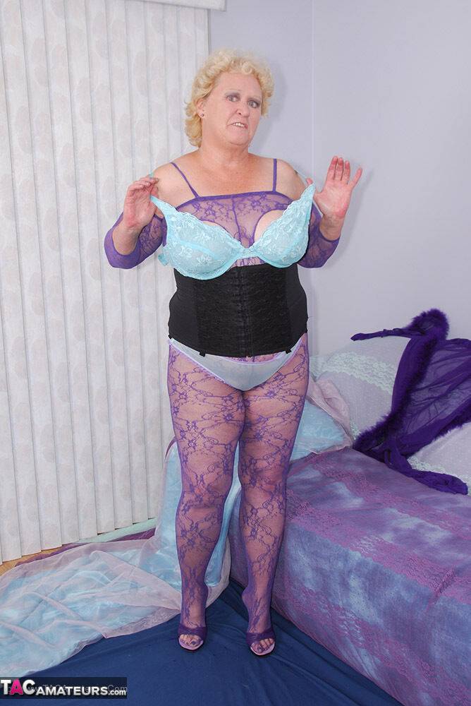 Mature BBW Fanny plays with her pussy in a cupless and crotchless bodystocking - #8