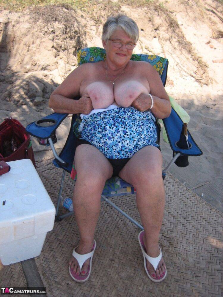 Fat granny Girdle Goddess takes off swimwear to pose nude at the ebach - #13