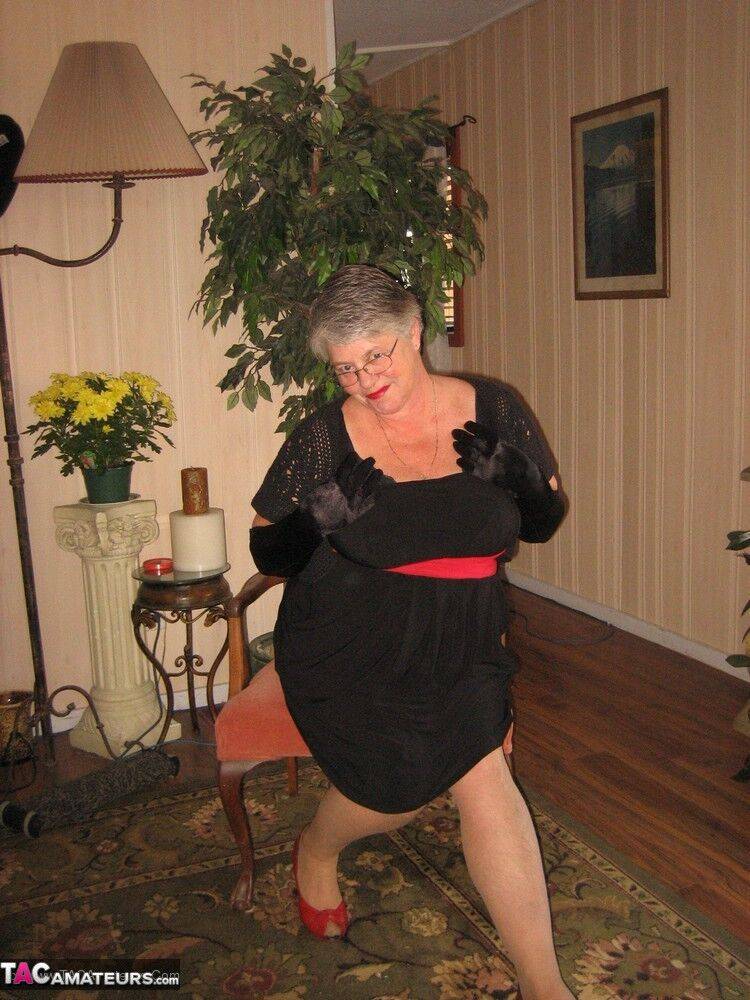 Old fatty Girdle Goddess fondles saggy tits in black velvet gloves and hose | Photo: 4382673