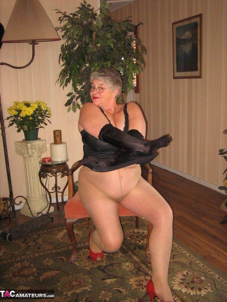 Old fatty Girdle Goddess fondles saggy tits in black velvet gloves and hose - #1