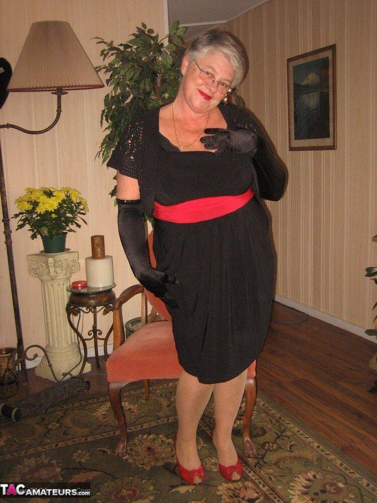 Old fatty Girdle Goddess fondles saggy tits in black velvet gloves and hose | Photo: 4382712