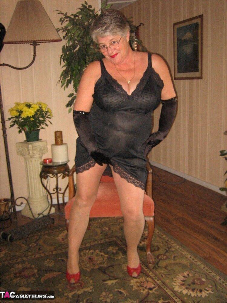 Old fatty Girdle Goddess fondles saggy tits in black velvet gloves and hose - #14