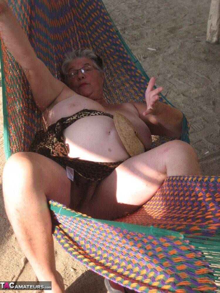 Obese nan Girdle Goddess bares her large tits and fat belly on a hammock - #1