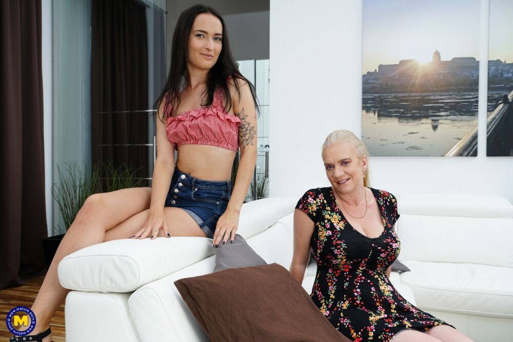 Old and young lesbians kiss before getting naked for sex on a sofa - #11