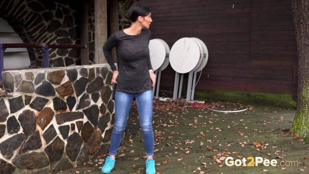 Busty Gabriellla Gucci in jeans undressing and pissing in public - #1