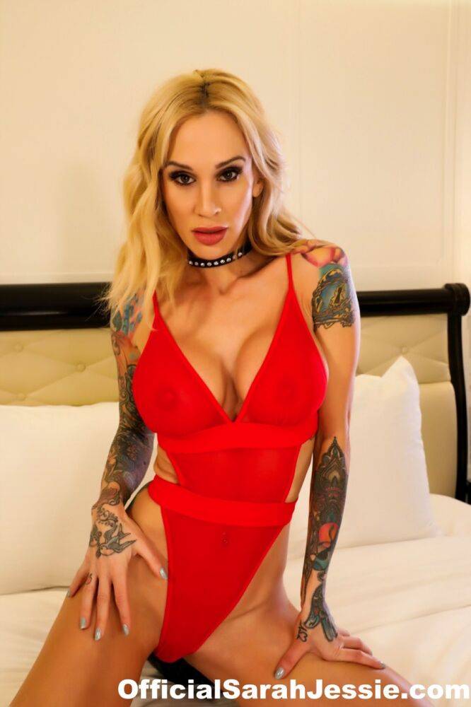 Tattooed blonde Sarah Jessie releases her big tits from bodysuit on bed - #1