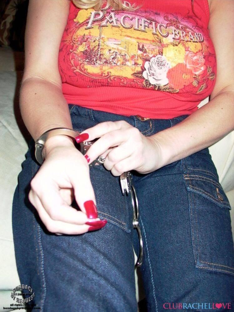 Older blonde Rachel Love paints her toenails while clothed and cuffed - #7