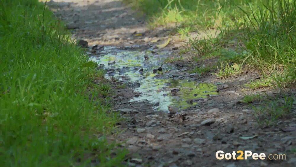 European female Nikki Dream takes a piss while walking on a dirt path - #1