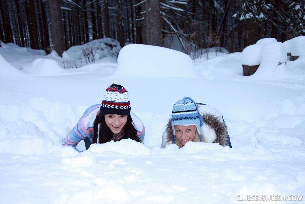 Young lesbians Ella & Christine toy pussies on snow covered ground - #3