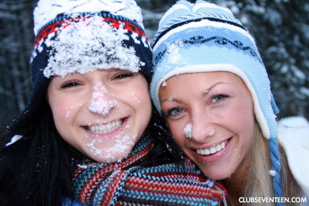 Young lesbians Ella & Christine toy pussies on snow covered ground - #9