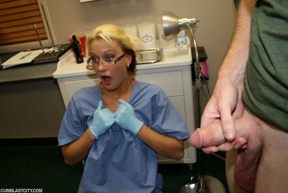 Naughty nurse jerks off a patient's dick in latex gloves and glasses - #1