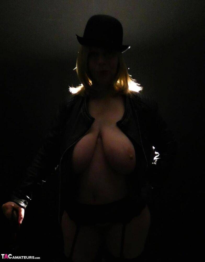 Older lady Posh Sophia displays her huge breasts in a bowler hat and stockings - #2