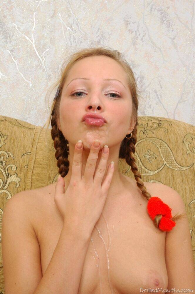 Young looking girl Mary blows a kiss after enduring facial abuse in pigtails - #16