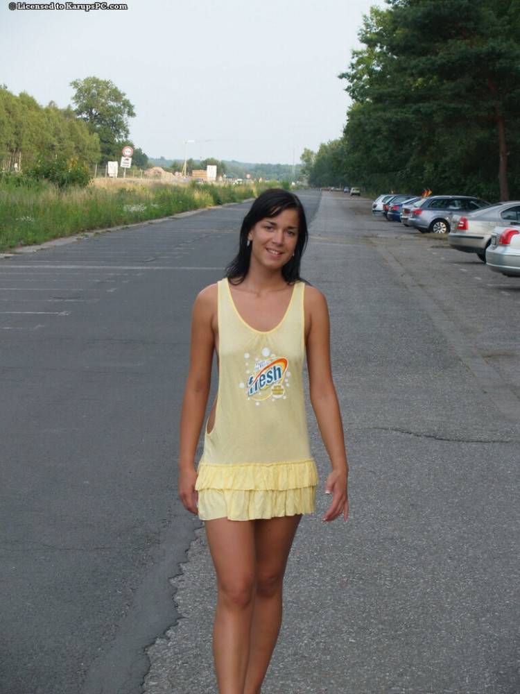 Luscious brunette young Stephanie in sexy skirt exhibits her ass outdoor - #1