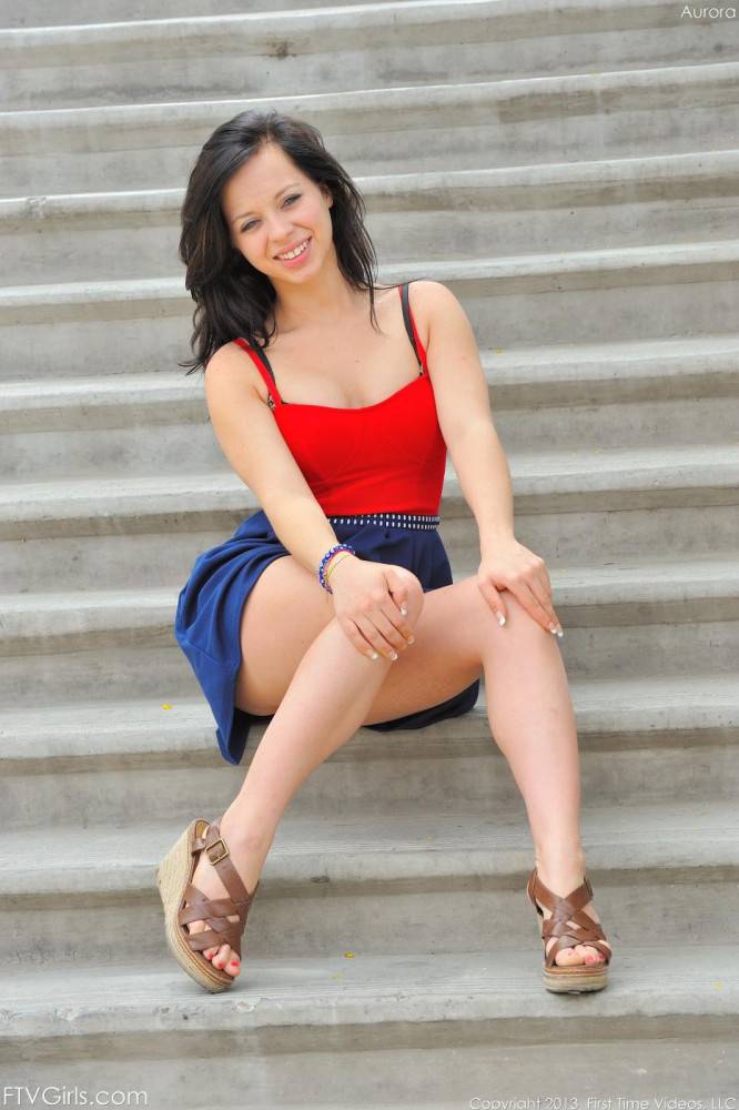 Beautiful Brunette Teen Aurora FTV Is On The Stairs Teasing With Naked Up Skirt - #3