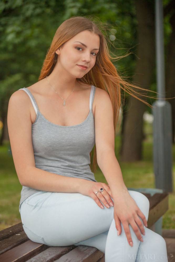 Excellent redhead teen Ledina showing big hooters and bald pussy outdoor - #13