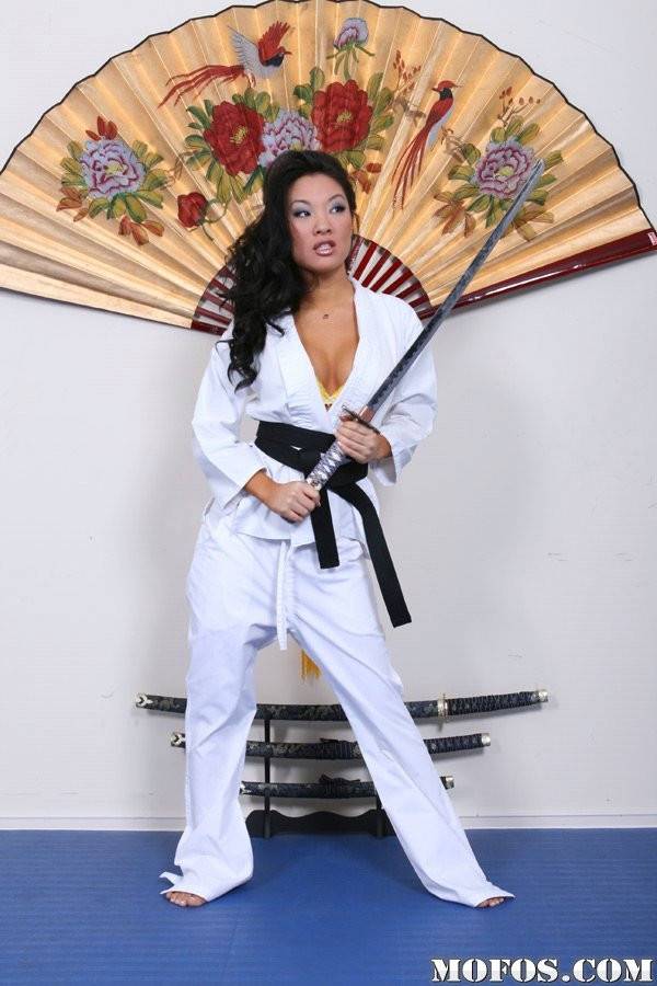 Excellent american babe Asa Akira in uniform exhibits big titties and masturbates - #2