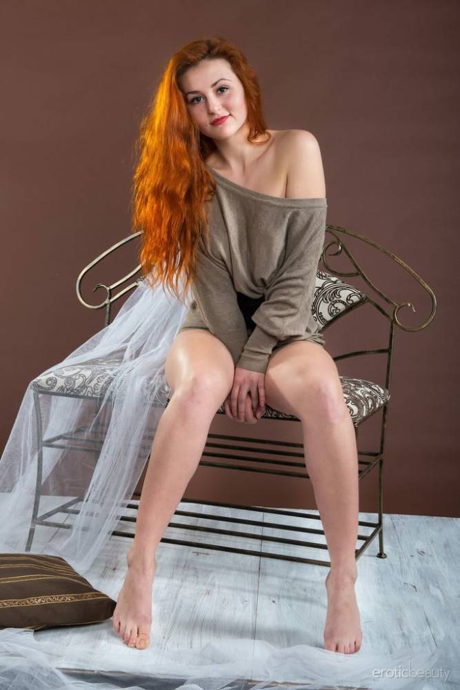 Gracile red-haired teen Sascha A showing big hooters and hairy pussy - #1