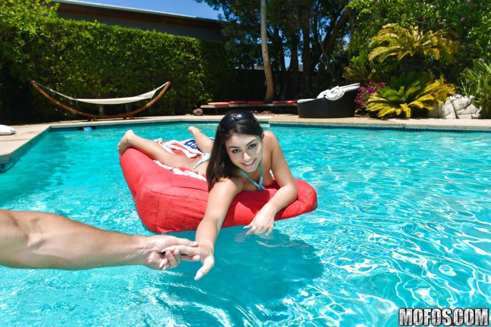 Slim latina teen Kylie Sinner in sexy panties work with wet lips on dick and takes a cum shot near the pool - #7